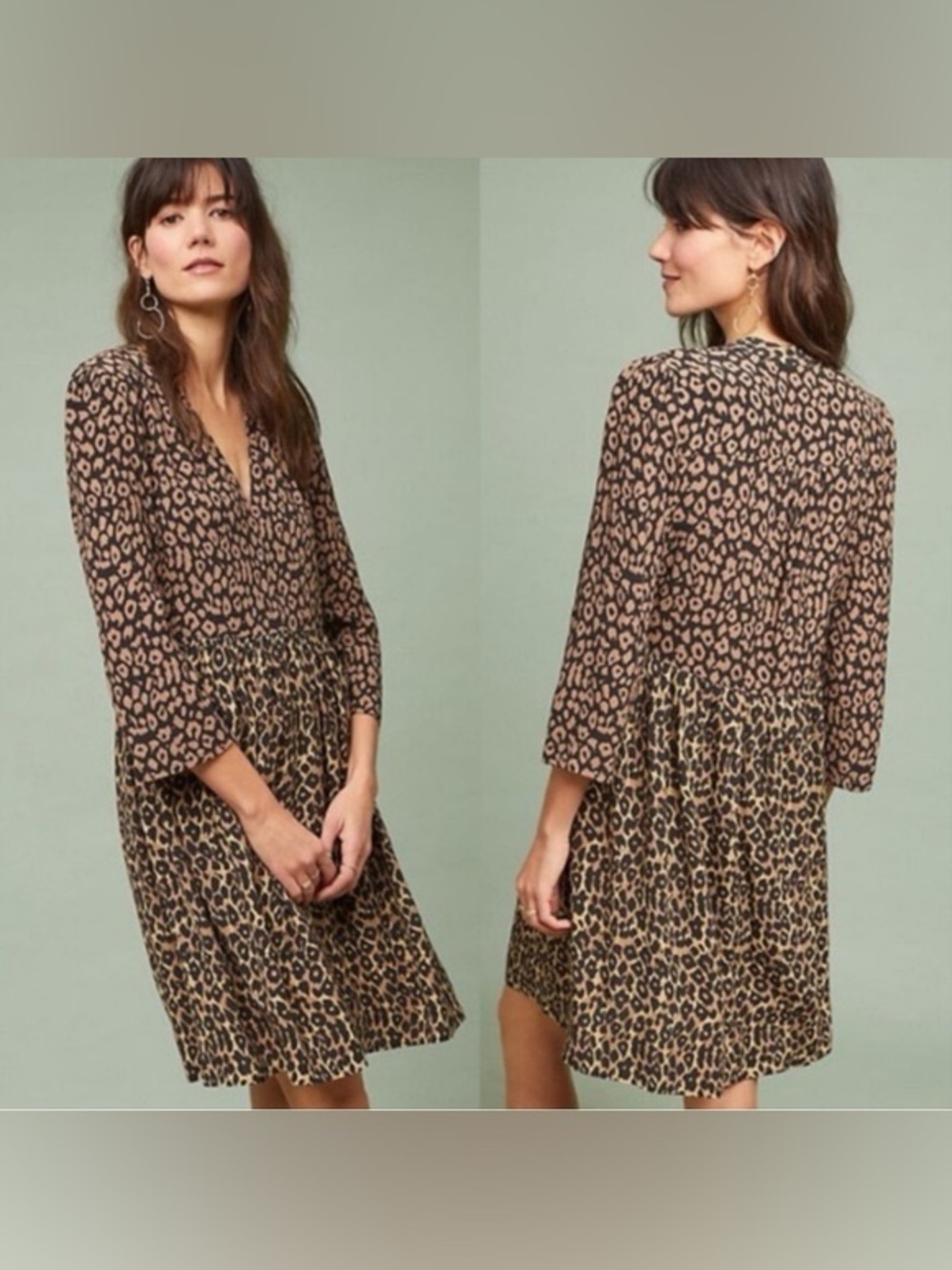 Anthropologie Brown Leopard-Print Long Sleeve Tiered Dress